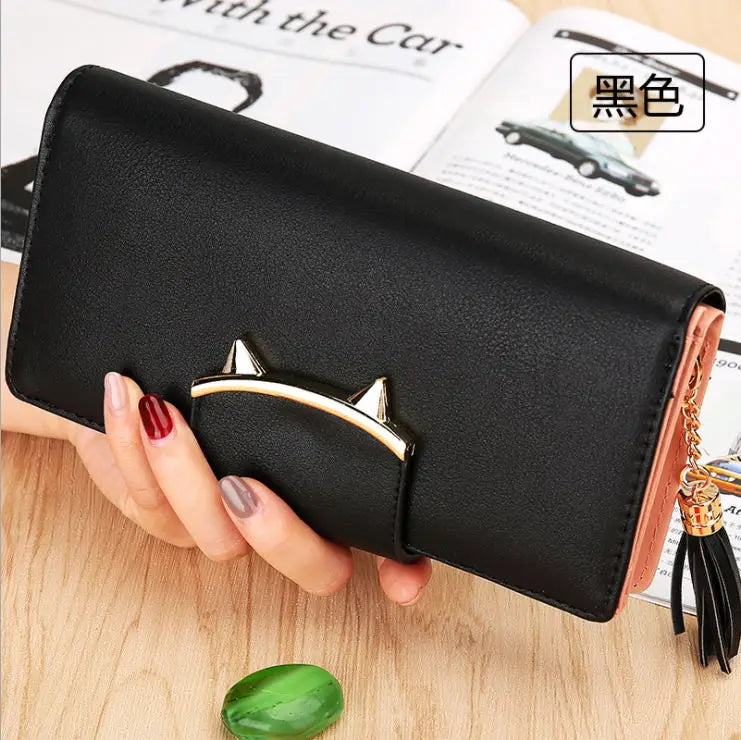 Joyho Cat Zipper Tassel Women Wallets Rivet Long Clutch Bag
