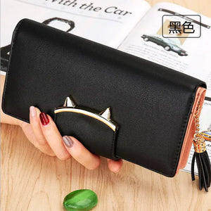Joyho Cat Zipper Tassel Women Wallets Rivet Long Clutch Bag