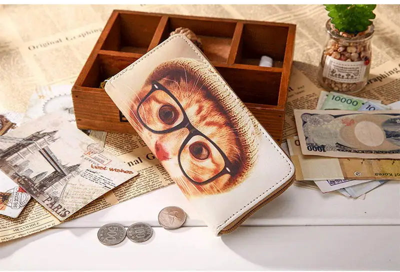 Cartoon Dog Cat Print Women Purse Bag Clutch Wallets Long Zipper