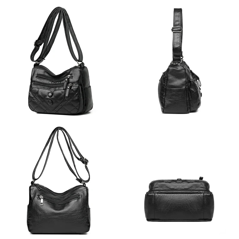 Solid PU Leather Crossbody Bag Vintage Thread Purses Shoulder Bag