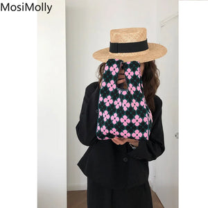 Women Knit Tote Bag - Shoulder Shopper Purse Handbag - Mini Flower Bag