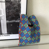 Women Knit Tote Bag - Shoulder Shopper Purse Handbag - Mini Flower Bag