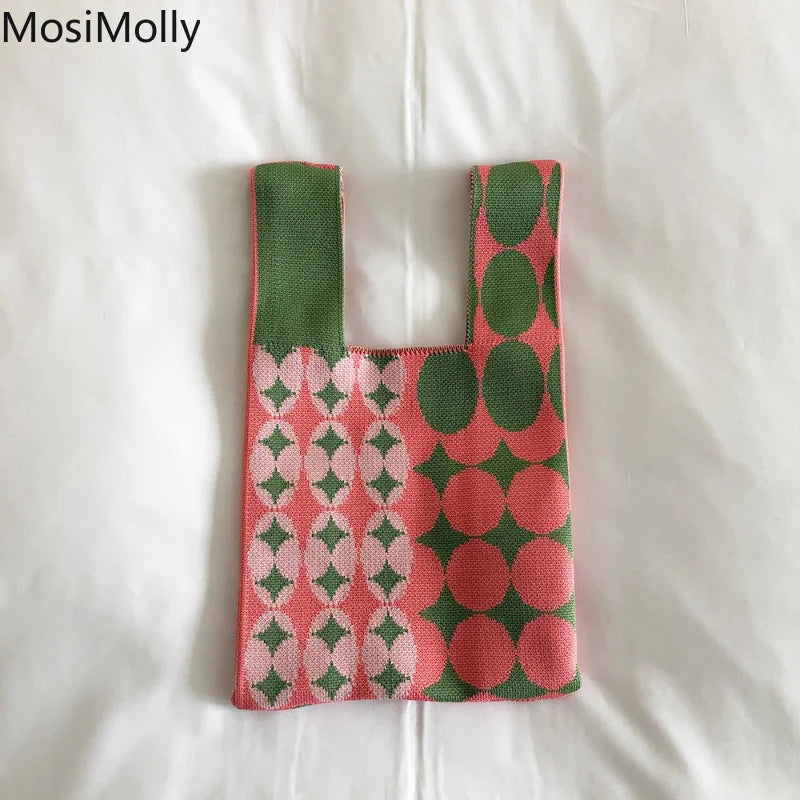Women Knit Tote Bag - Shoulder Shopper Purse Handbag - Mini Flower Bag