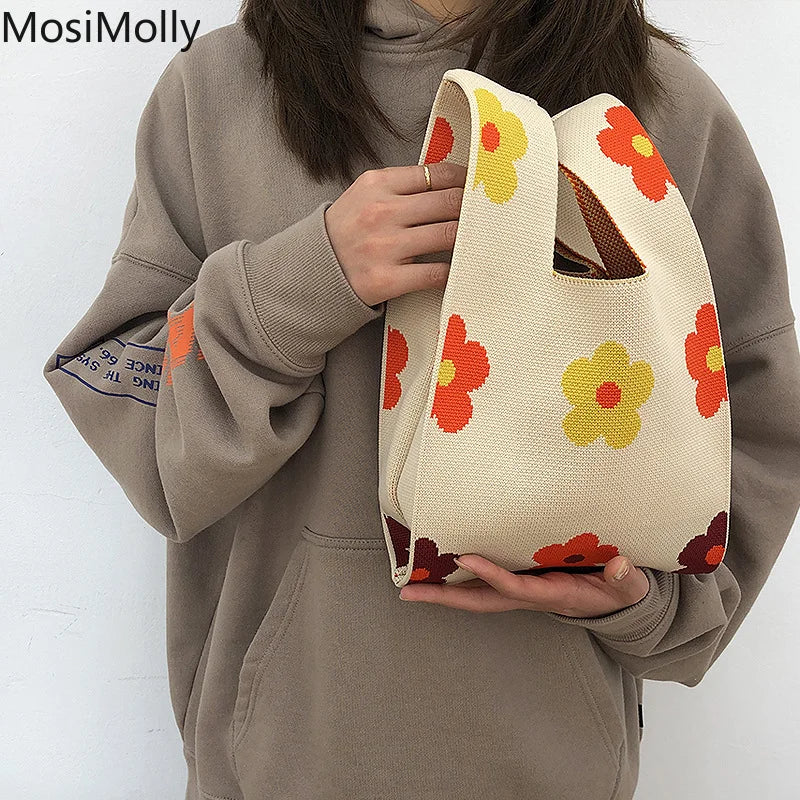 Women Knit Tote Bag - Shoulder Shopper Purse Handbag - Mini Flower Bag