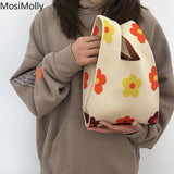 Women Knit Tote Bag - Shoulder Shopper Purse Handbag - Mini Flower Bag