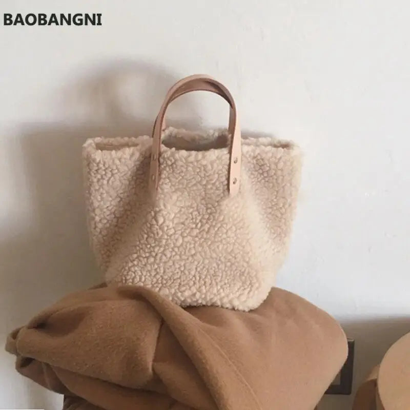 Korea Style Women Handbag Large Capacity Soft Wool Plush Totes Shopping Bag
