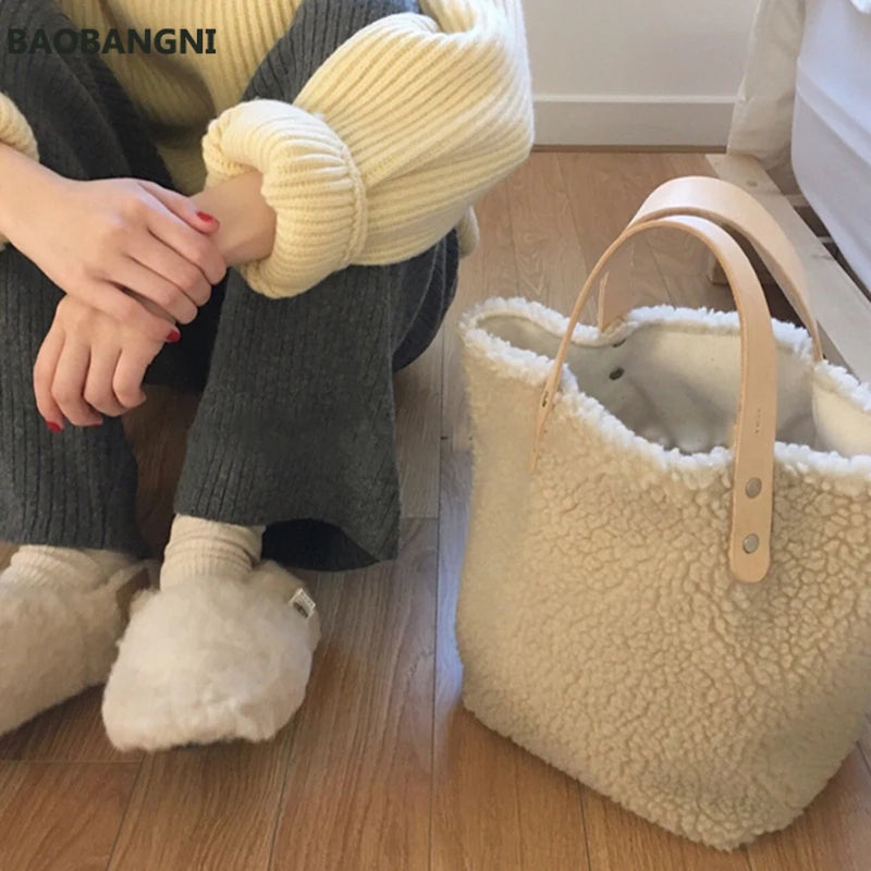 Korea Style Women Handbag Large Capacity Soft Wool Plush Totes Shopping Bag