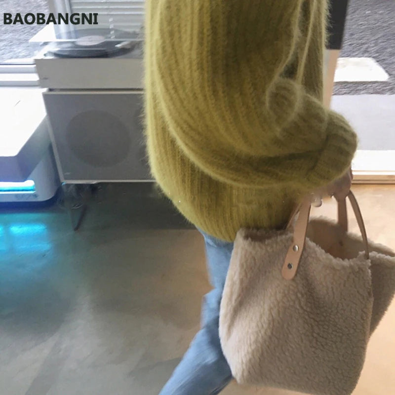 Korea Style Women Handbag Large Capacity Soft Wool Plush Totes Shopping Bag
