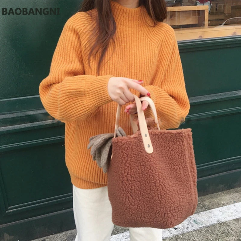 Korea Style Women Handbag Large Capacity Soft Wool Plush Totes Shopping Bag