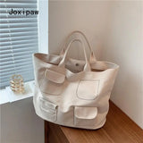 Casual Canvas Bag Women Vintage with Pocket Shoulder Tote Handbag