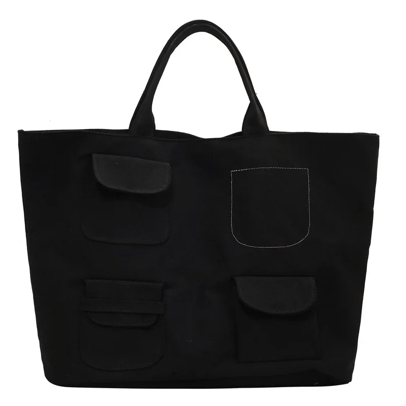 Casual Canvas Bag Women Vintage with Pocket Shoulder Tote Handbag