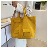 Casual Canvas Bag Women Vintage with Pocket Shoulder Tote Handbag