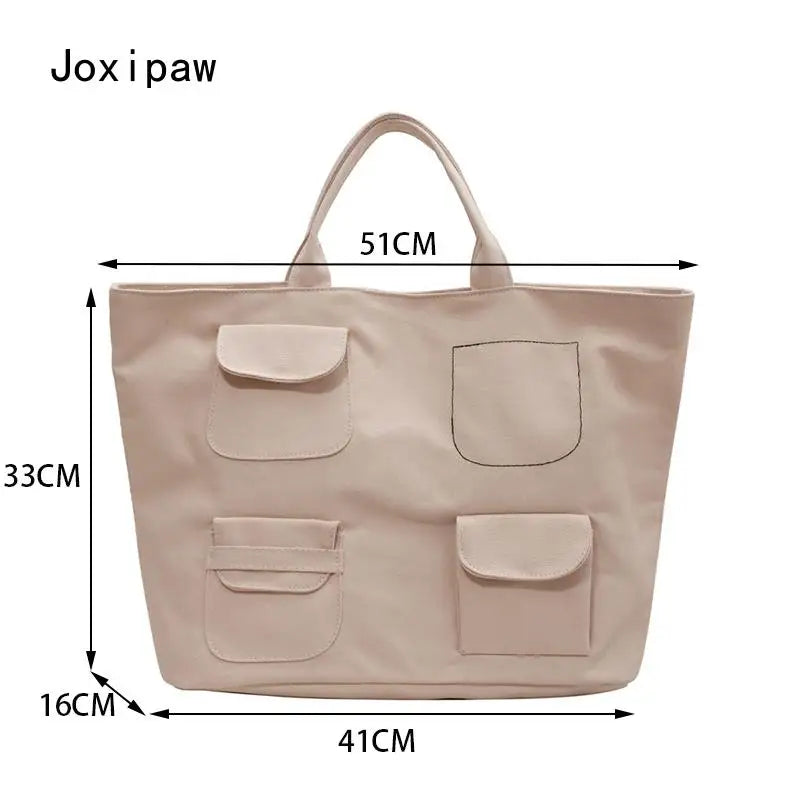 Casual Canvas Bag Women Vintage with Pocket Shoulder Tote Handbag