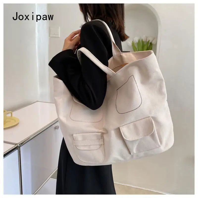 Casual Canvas Bag Women Vintage with Pocket Shoulder Tote Handbag