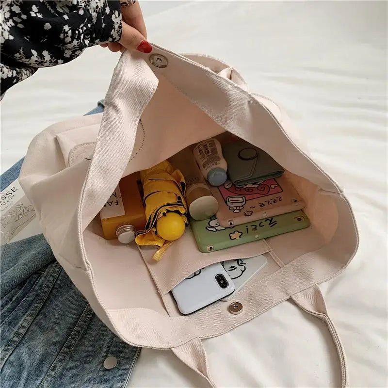 Casual Canvas Bag Women Vintage with Pocket Shoulder Tote Handbag