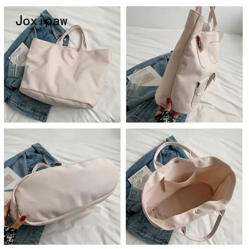 Casual Canvas Bag Women Vintage with Pocket Shoulder Tote Handbag