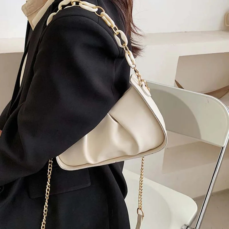 Pleated Shoulder Bag Women Chain Handbag Ladies Zipper Crossbody
