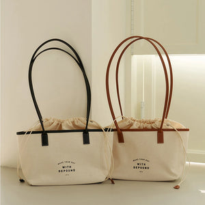 Canvas Tote Bag Drawstring Letters Travel Shoulder Shopping Purse Handbags