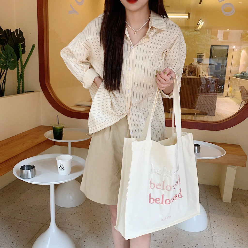 Letter Embroidery Canvas Shoulder Bag Casual Girl Handbag