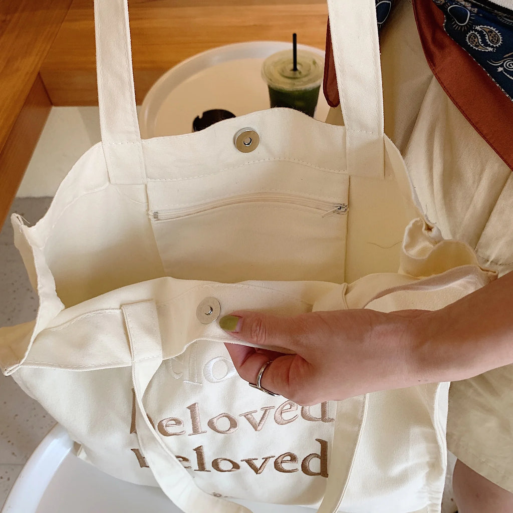 Letter Embroidery Canvas Shoulder Bag Casual Girl Handbag