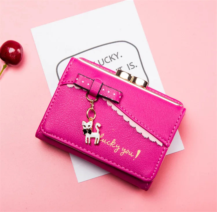 Small Fresh Short Bow Purse Cheap Ladies Wallets Cat Pendant