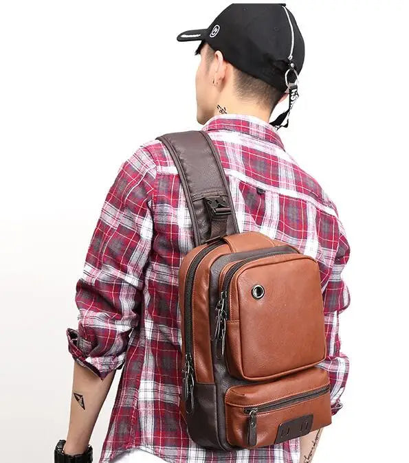 PU Leather Men's Backpack Casual Messenger Chest Bag
