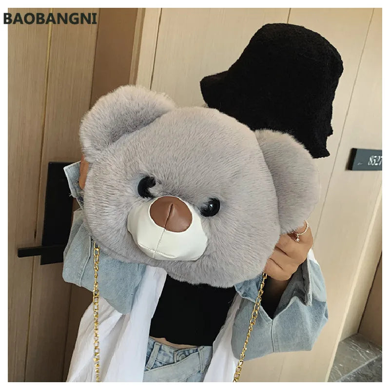 Plush Chain Messenger Bag Girl Doll Bear Head Shoulder Bag