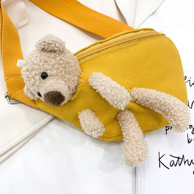 Canvas Women's Waist Bag Fanny Pack Bear Doll Decoration Chest Bag