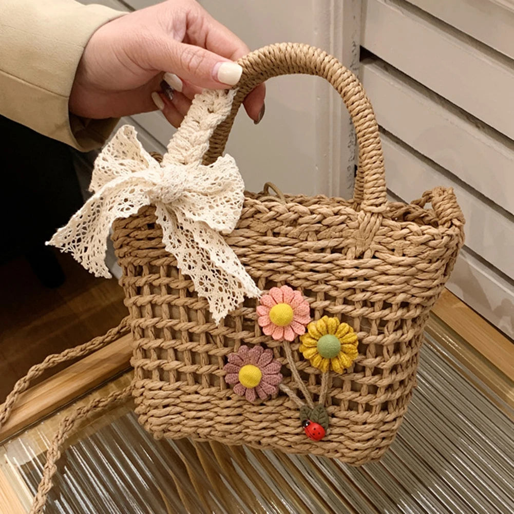 Straw Handbag Lace Bow Flower Shoulder Bag Women Messenger Purse