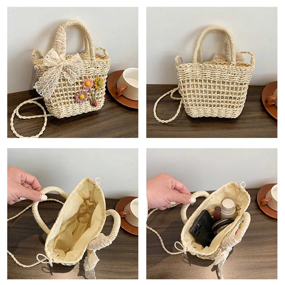 Straw Handbag Lace Bow Flower Shoulder Bag Women Messenger Purse