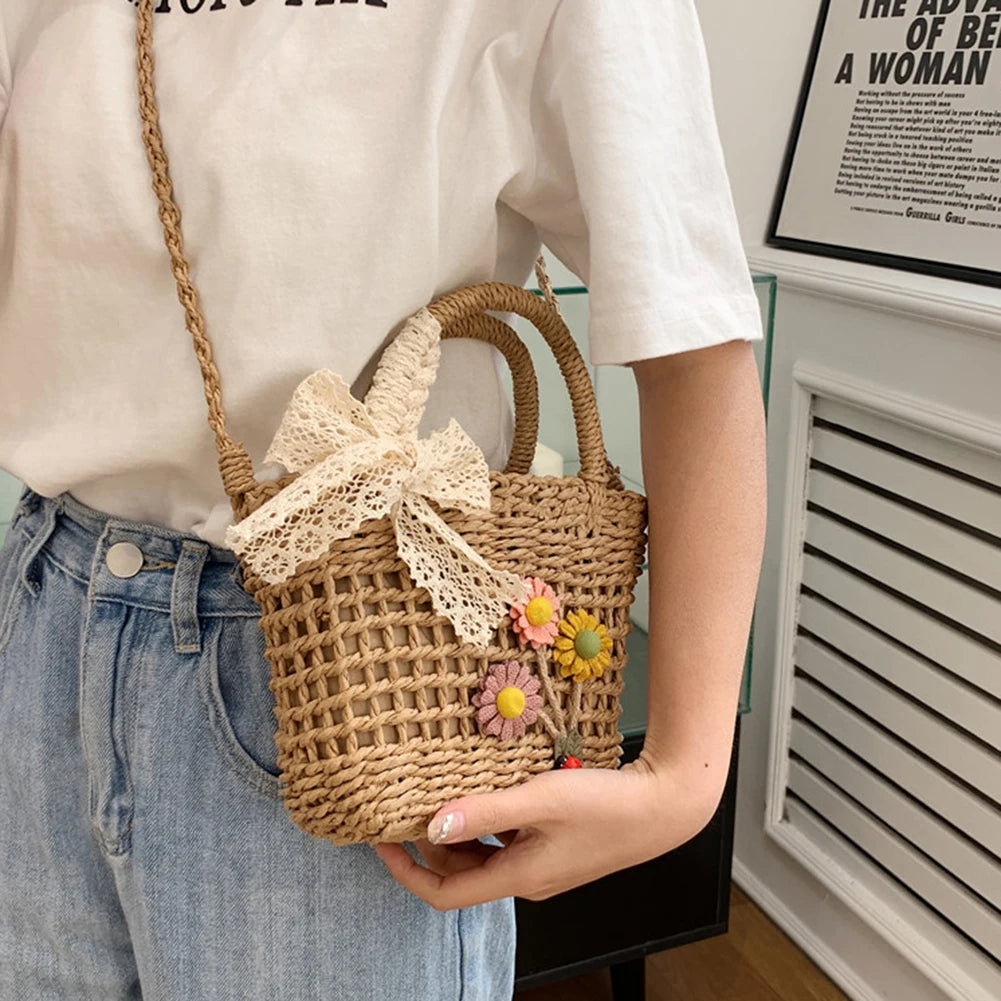 Straw Handbag Lace Bow Flower Shoulder Bag Women Messenger Purse