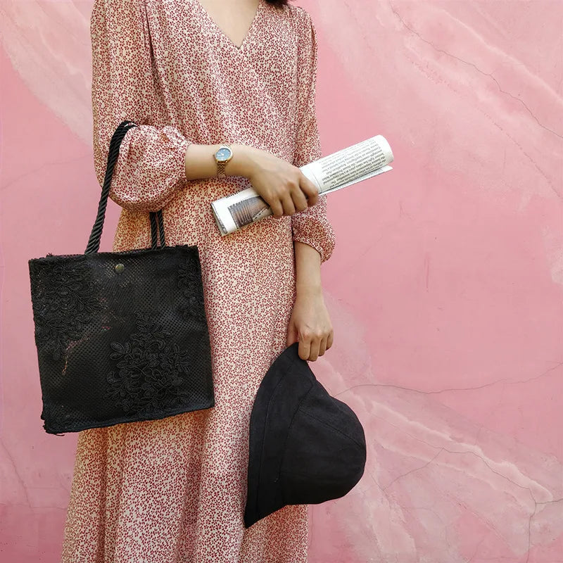 Lace Embroidery Shoulder Bag Female Large Capacity Handbag Lady Handle Bag