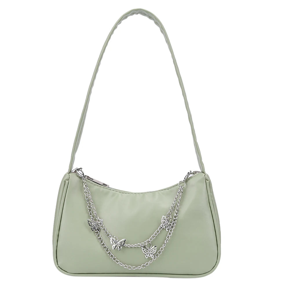 Retro Solid PU Handbag with Butterfly Chain Strap