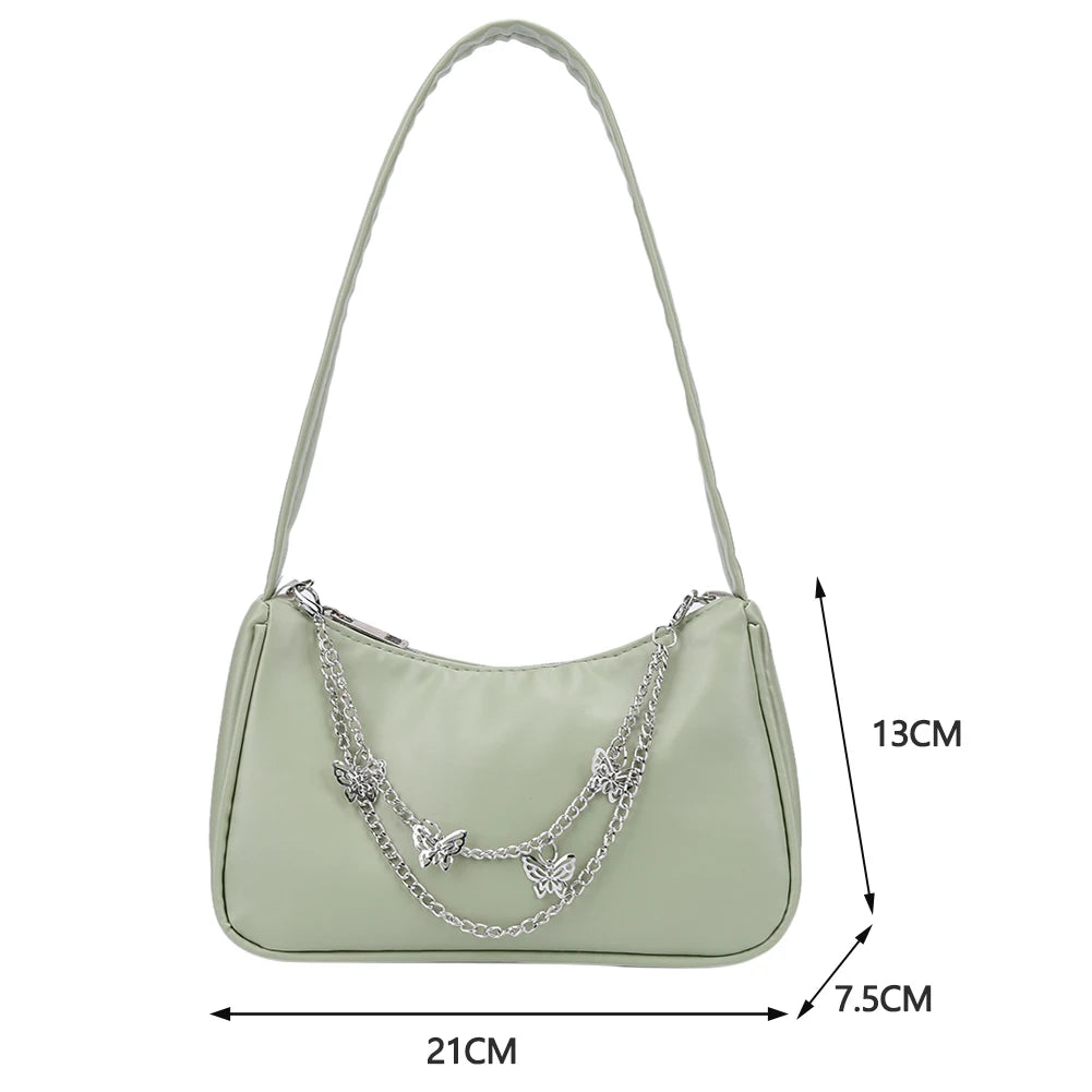 Retro Solid PU Handbag with Butterfly Chain Strap