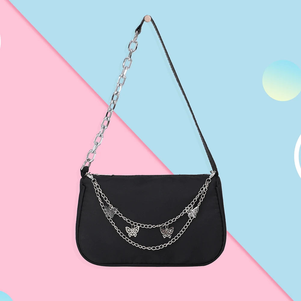 Casual Nylon Shoulder Bag with Butterfly Chain
