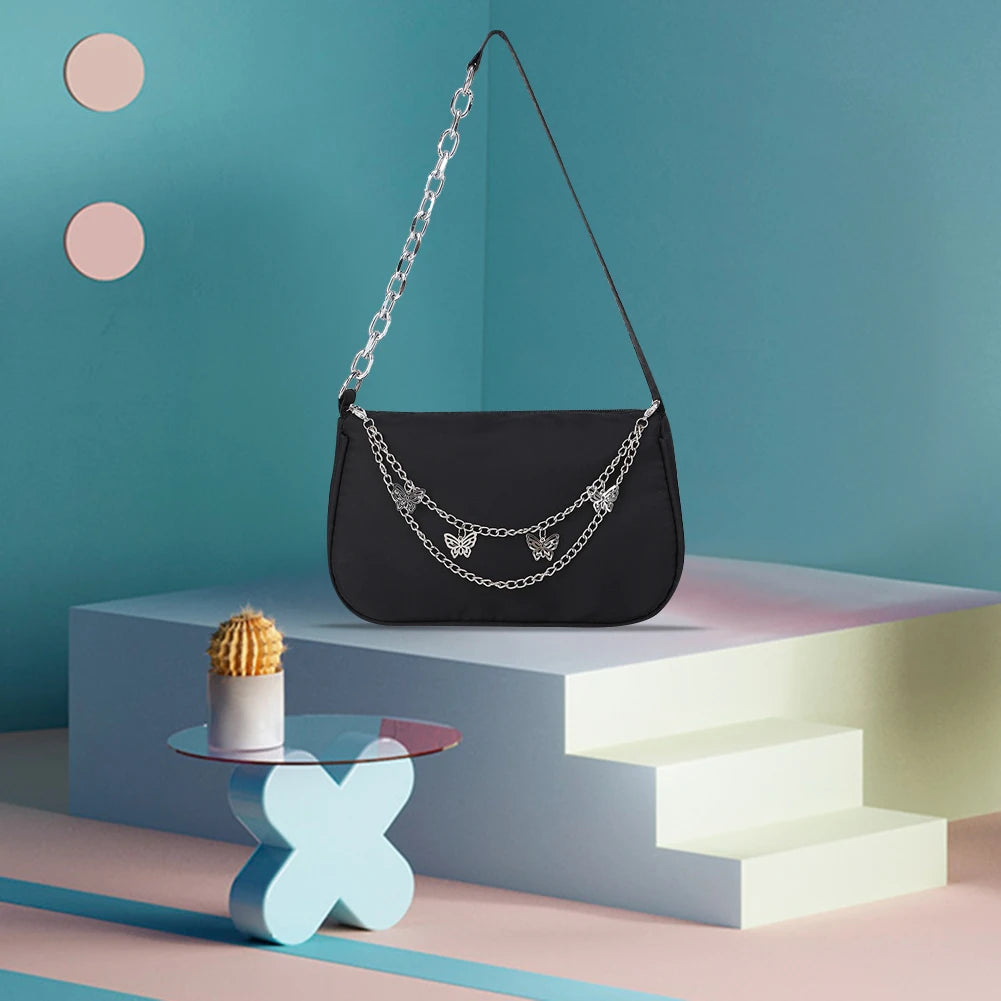 Casual Nylon Shoulder Bag with Butterfly Chain