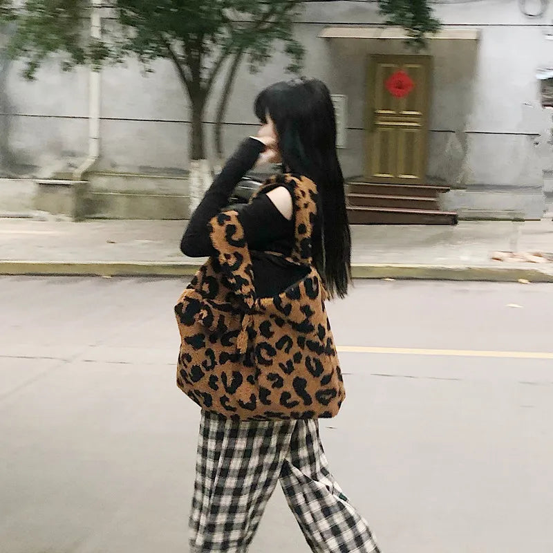 Casual Plush Handbag Tote Bag Large Capacity Leopard Print Shoulder Bags