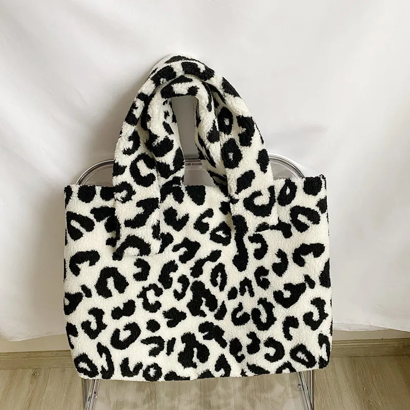 Casual Plush Handbag Tote Bag Large Capacity Leopard Print Shoulder Bags