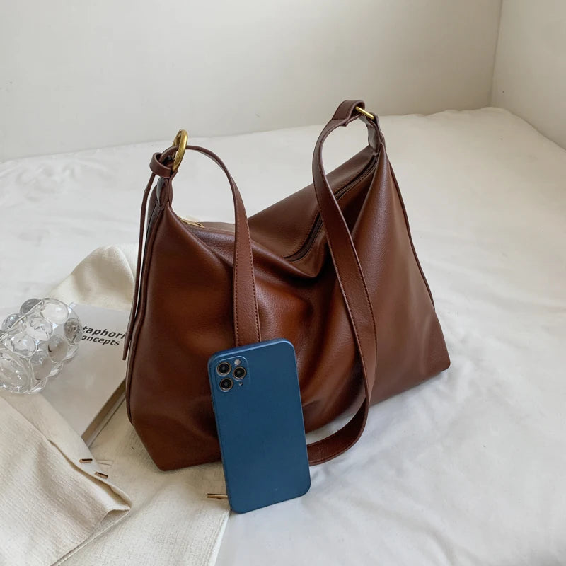 Retro Large Shoulder Bags for Women Zipper Closure Casual Shopping Totes