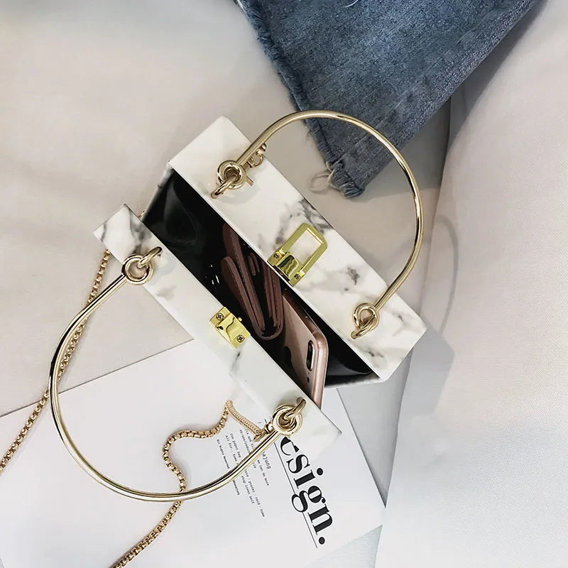 Marble Box Evening Clutch Handbag Chain Messenger Bag