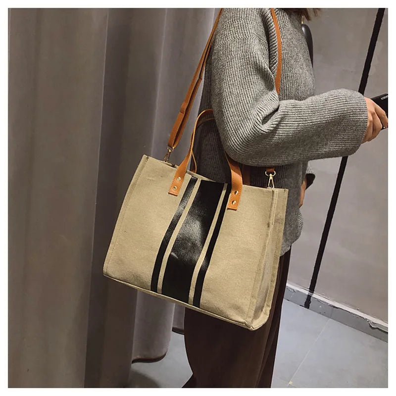 Ladies Canvas Business Commuter Shoulder Bag Stripe Hit Briefcase