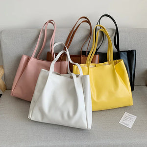 Lemon Yellow Shoulder Handbags Casual Cowhide PU Leather Shopping Bags