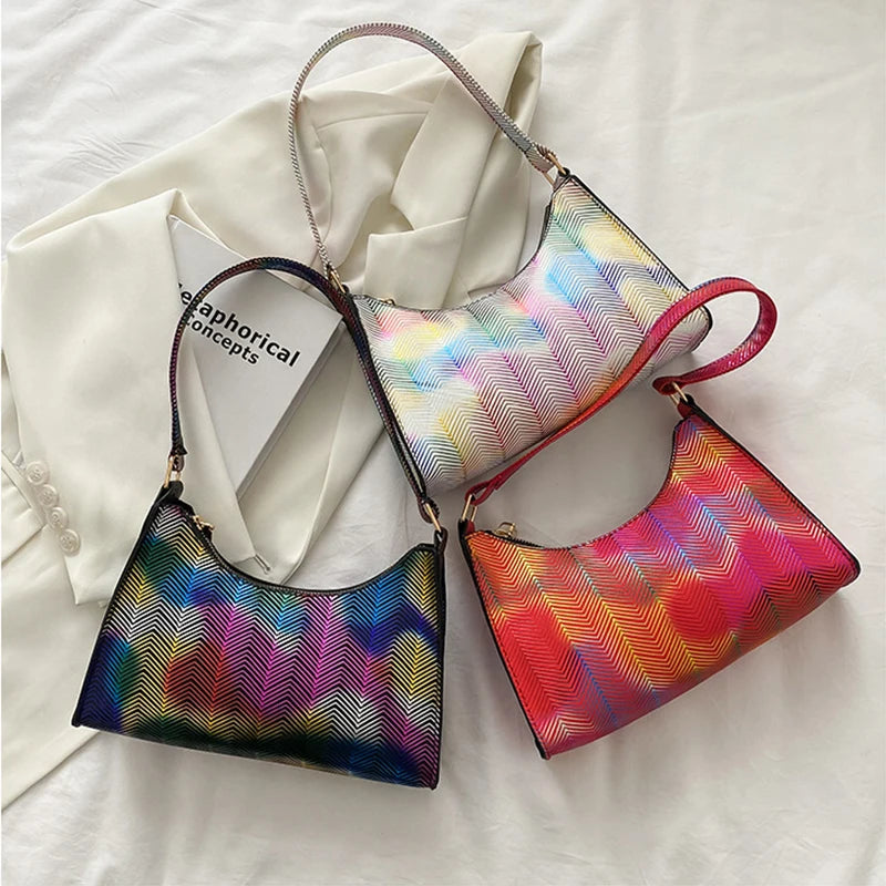 PU Leather Women's Shoulder Bag Summer Stripes Zipper Handbags