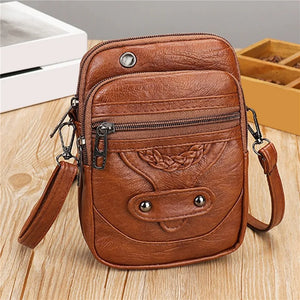 Retro PU Leather Handbags Small Mobile Phone Bag Women Casual Multi-layer