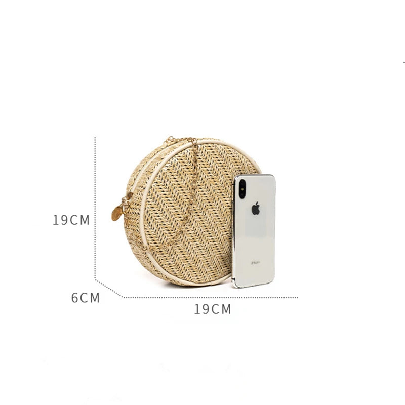 Summer Straw Woven Crossbody Bag Round Shoulder Chains Circle Beach Handbag