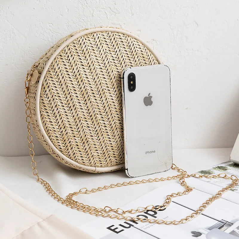 Summer Straw Woven Crossbody Bag Round Shoulder Chains Circle Beach Handbag