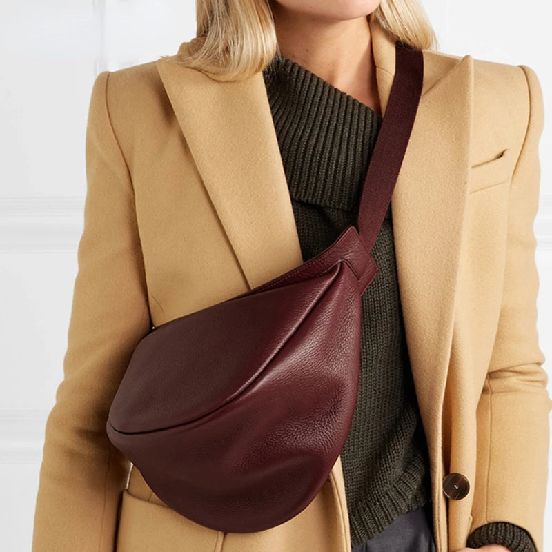 Solid Leather Shoulder Bag for Women Zipper Half-Moon Handbag
