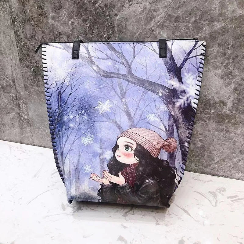 Cartoon Pattern PU Leather Handbag Shoulder Messenger Bag Large Capacity