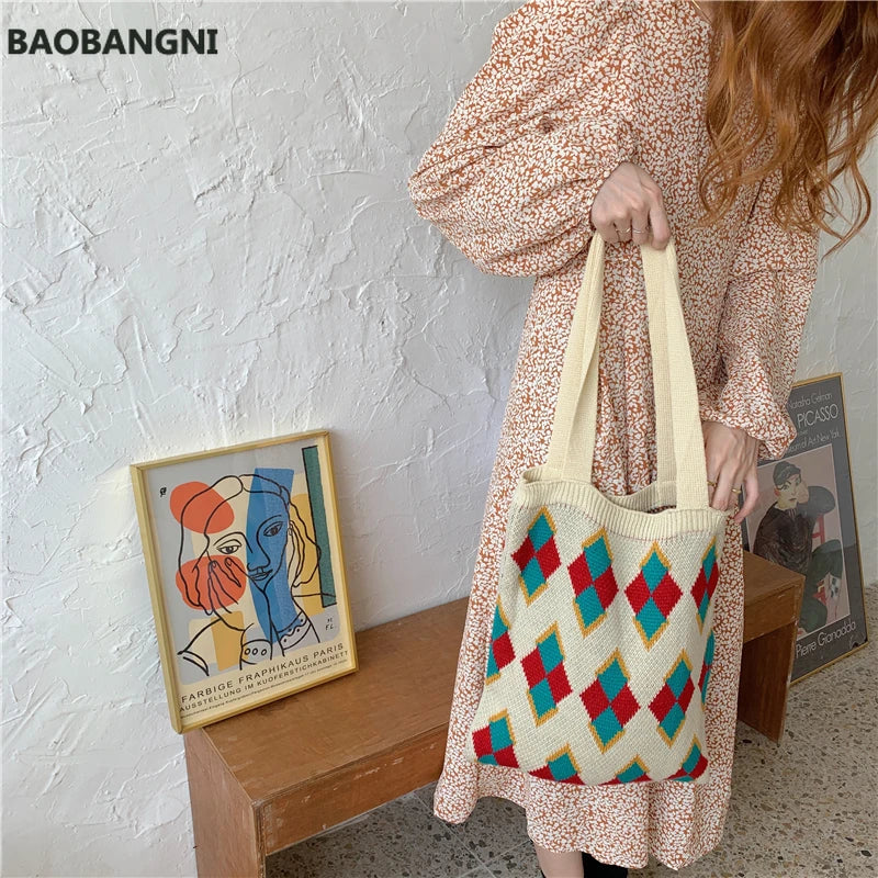 Women Knitting Rhombic Lattice Tote Bag Crochet Woolen Handbag