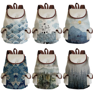 Casual Linen Backpack For Printing Storage Bag Classic Mountain Forest Outdoors